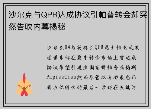 沙尔克与QPR达成协议引帕普转会却突然告吹内幕揭秘