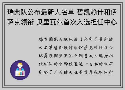 瑞典队公布最新大名单 哲凯赖什和伊萨克领衔 贝里瓦尔首次入选担任中心